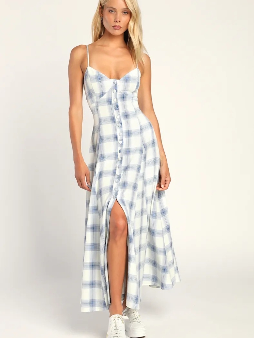 Lulu's Blue & White Plaid Button-Front Maxi Dress